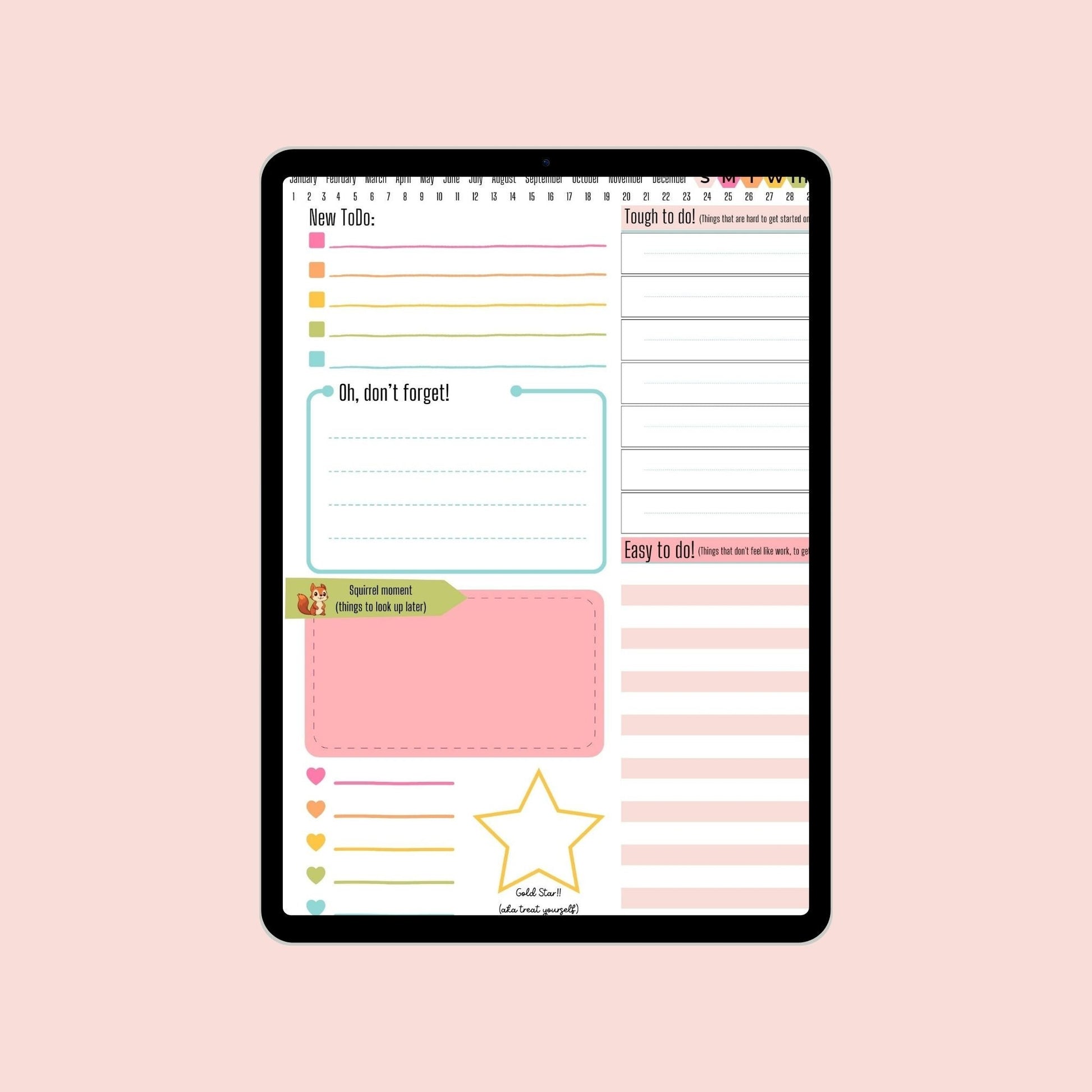 a tablet with a planner page on top of it